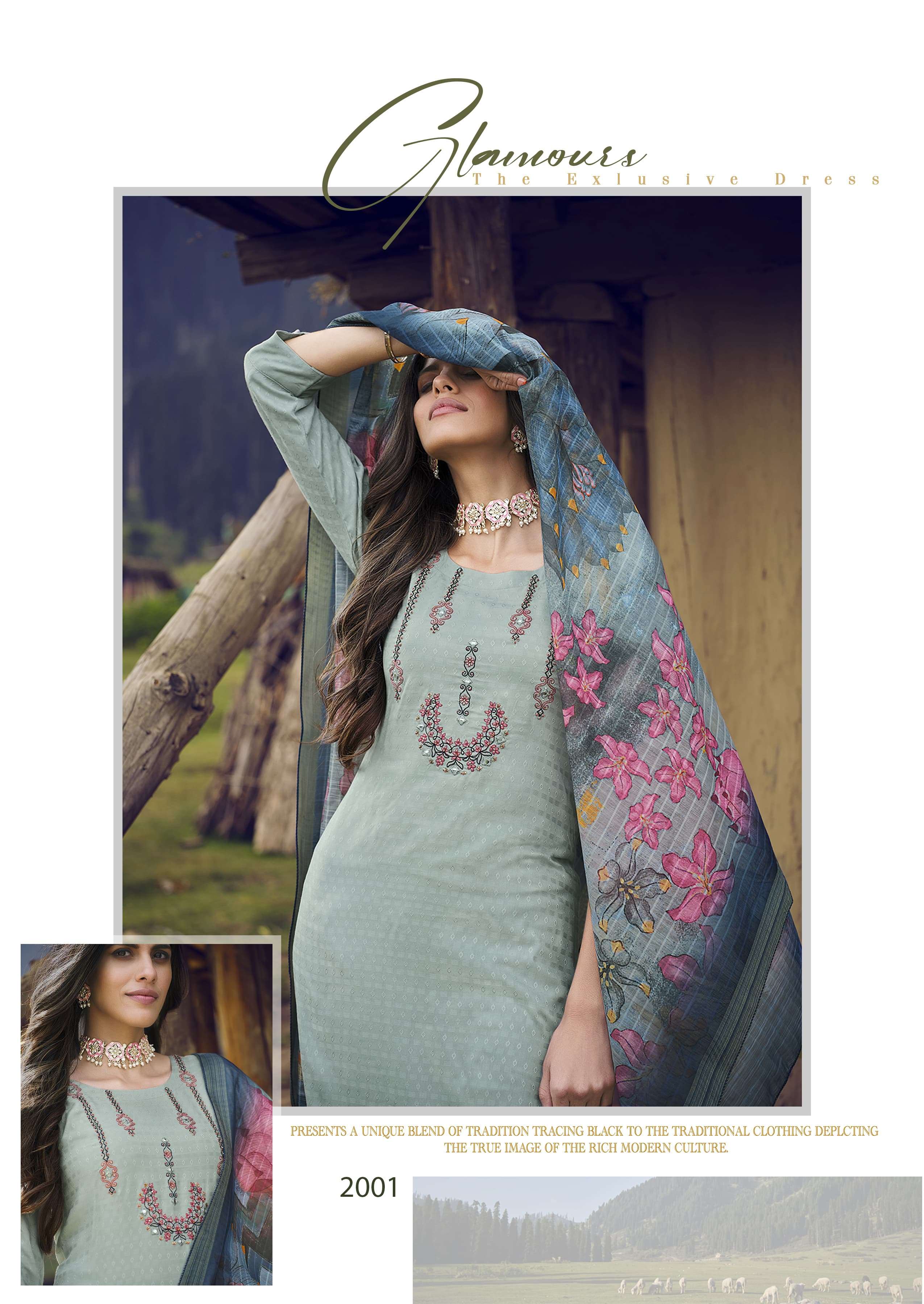 HAZEL LIVA TAG VISCOSE  THREAD HANDWORK KURTI WITH RAYON SLUB LYCRA PANT AND DIGITAL JACQUARD DUPATTA BY KARISSA BRAND 1001
